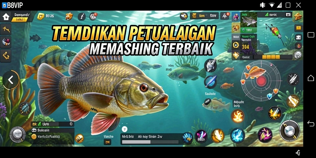 Tampilkan aksi memancing seru dalam B8VIP dengan berbagai ikan menunggu untuk ditangkap.