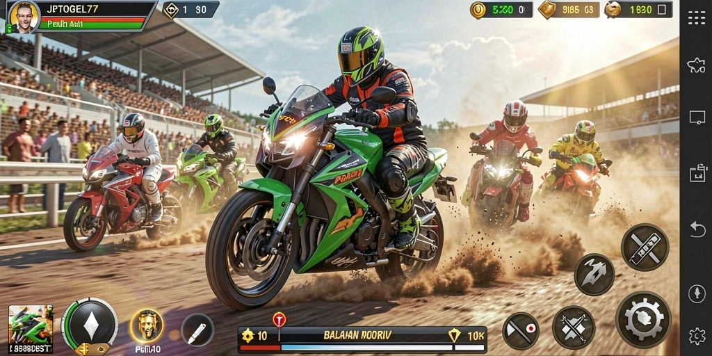 Gameplay seru dari JPTOGEL77 saat balapan motor.