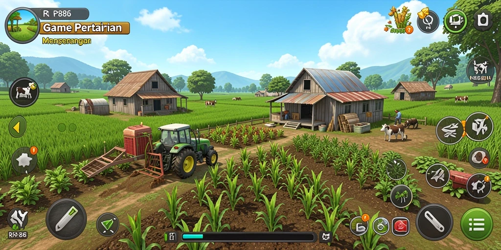 Screenshot gameplay RP886 menunjukkan petani yang sedang merawat tanamannya.