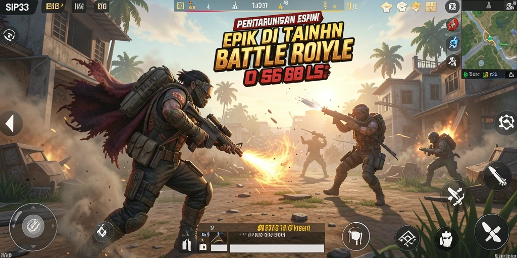 Screenshot gameplay SIP33 menampilkan aksi pertarungan seru dalam Battle Royale.