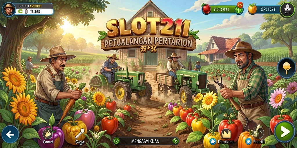 Screenshot utama menunjukkan gameplay seru di SLOT21 dengan pertanian yang subur.