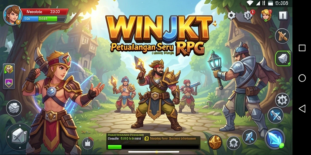 Tampilan gameplay RPG dengan karakter heroik dan pertarungan epik.